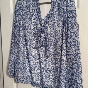 Lane Bryant Blue and White Floral Blouse